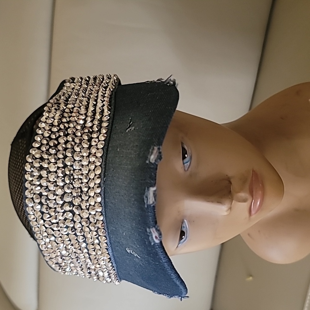 GG VISOR DENIM JEAN DISTRESSED BLING SIZE ADJUSTABLE HEADBAND